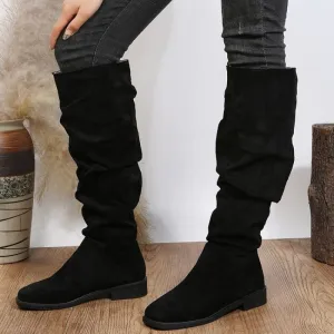 Slouchy Faux Suede Knee High Boots in Beige and Black
