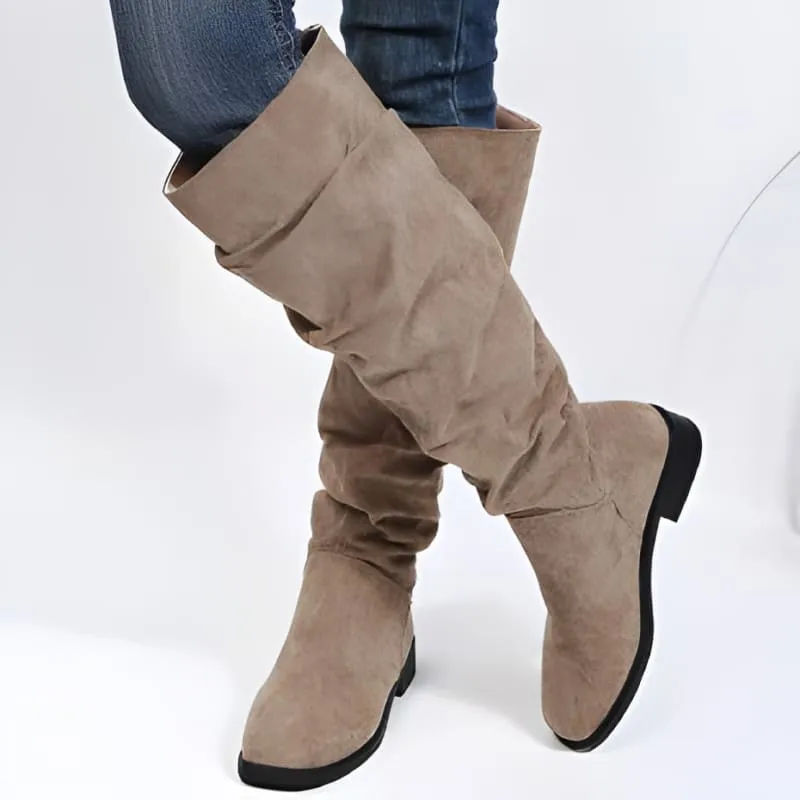 Slouchy Faux Suede Knee High Boots in Beige and Black