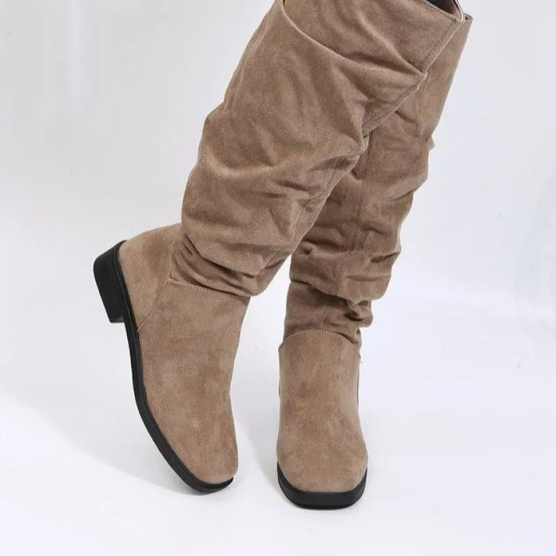 Slouchy Faux Suede Knee High Boots in Beige and Black