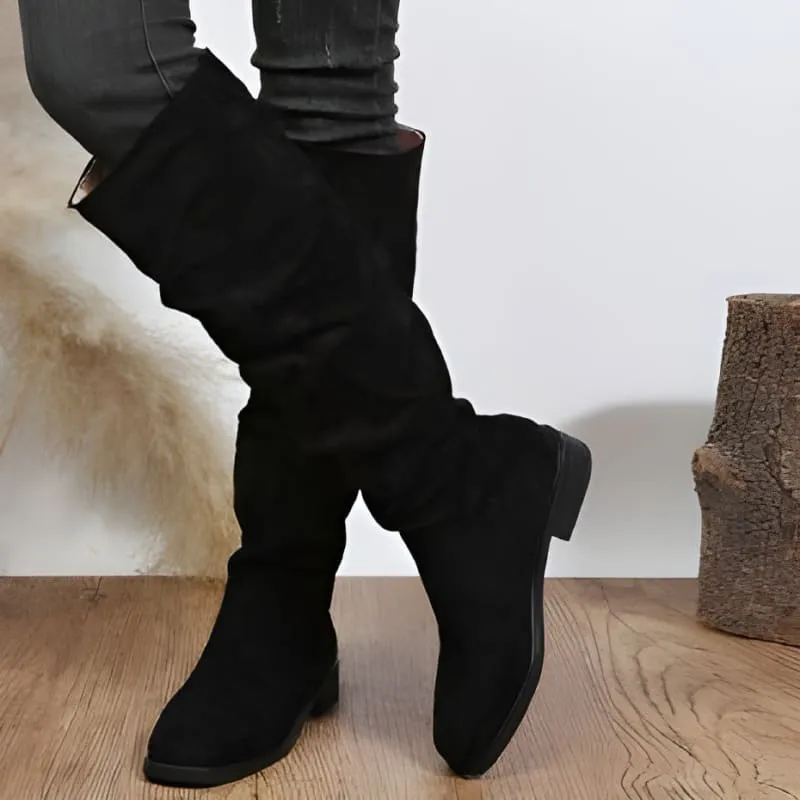 Slouchy Faux Suede Knee High Boots in Beige and Black
