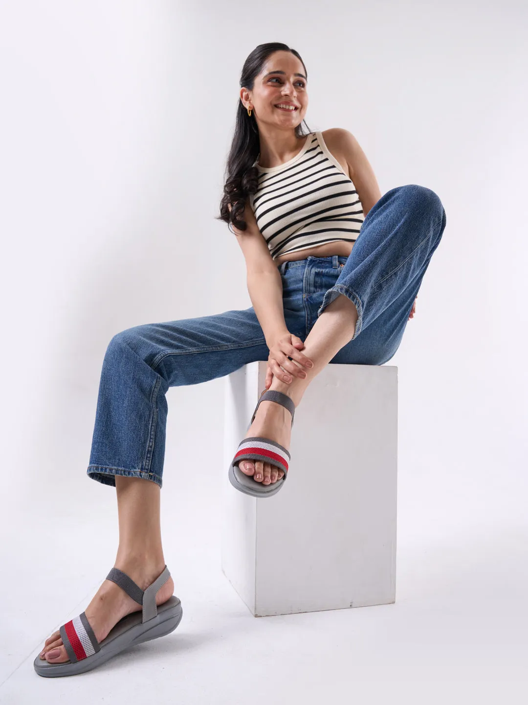 Women Grey Open Toe Multi Color Strap Platform Woven Design Slip On Sandals