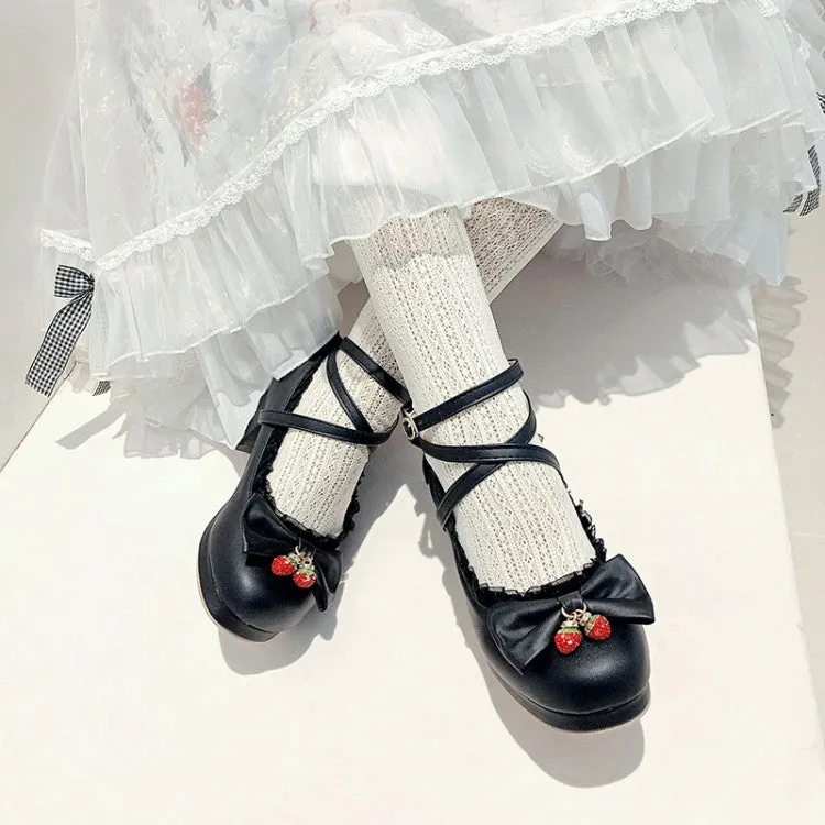 Women Lace Bow Tie Shallow Ankle Strap Block Heel Platform Pumps