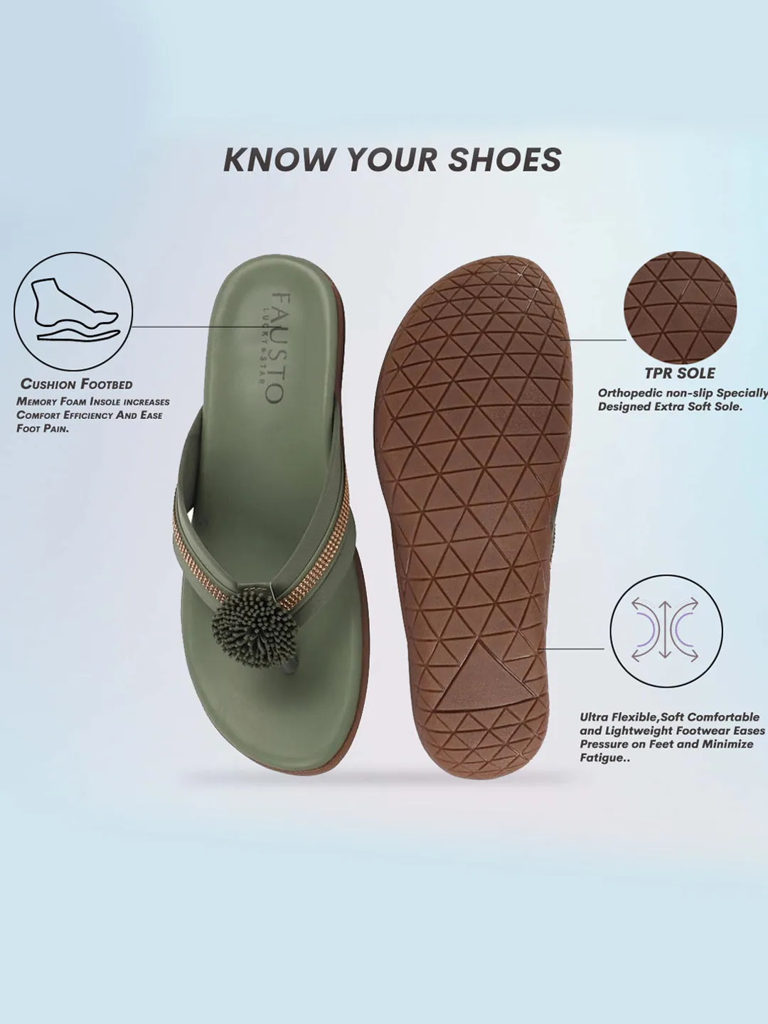 Women Olive Shiny Beads T-Strap Slipper With Cushioned Footbed|Party|Office Wear|Weekend