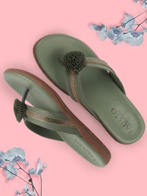 Women Olive Shiny Beads T-Strap Slipper With Cushioned Footbed|Party|Office Wear|Weekend