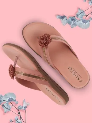 Women Pink Shiny Beads T-Strap Slipper With Cushioned Footbed|Party|Office Wear|Weekend