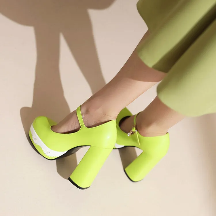 Women's Candy Color Mary Janes Block Heel Platform Pumps