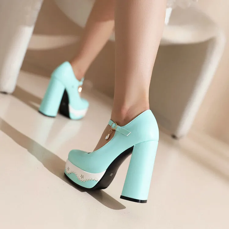 Women's Candy Color Mary Janes Block Heel Platform Pumps