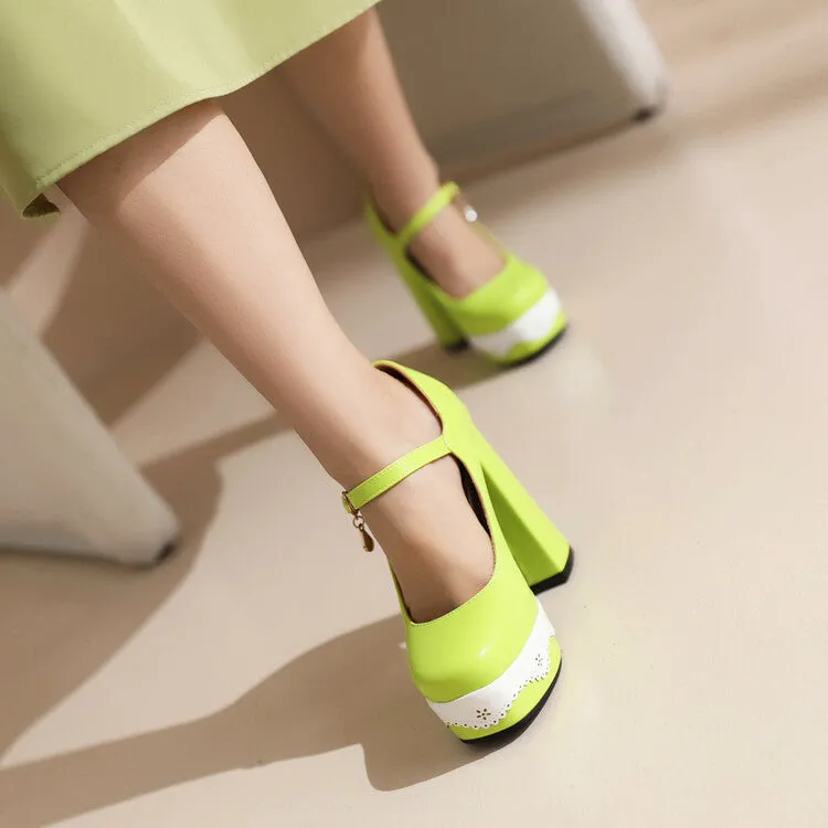 Women's Candy Color Mary Janes Block Heel Platform Pumps