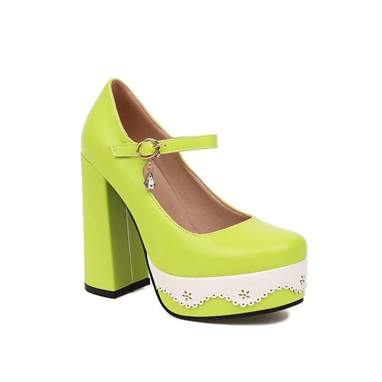 Women's Candy Color Mary Janes Block Heel Platform Pumps