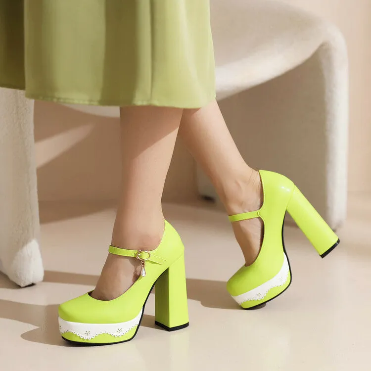 Women's Candy Color Mary Janes Block Heel Platform Pumps