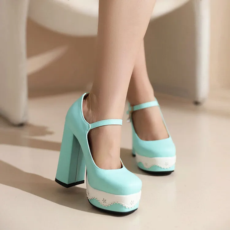 Women's Candy Color Mary Janes Block Heel Platform Pumps