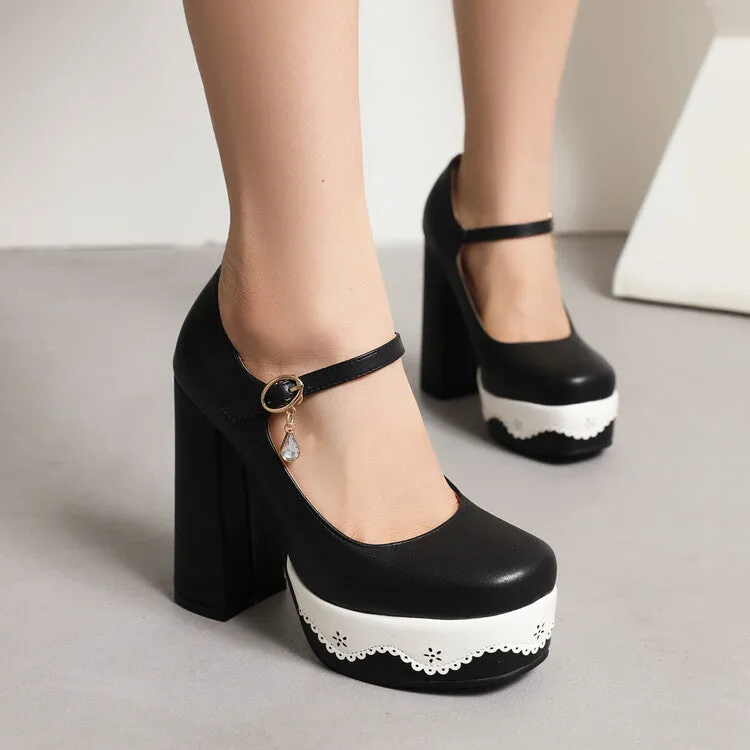 Women's Candy Color Mary Janes Block Heel Platform Pumps