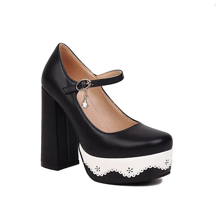 Women's Candy Color Mary Janes Block Heel Platform Pumps