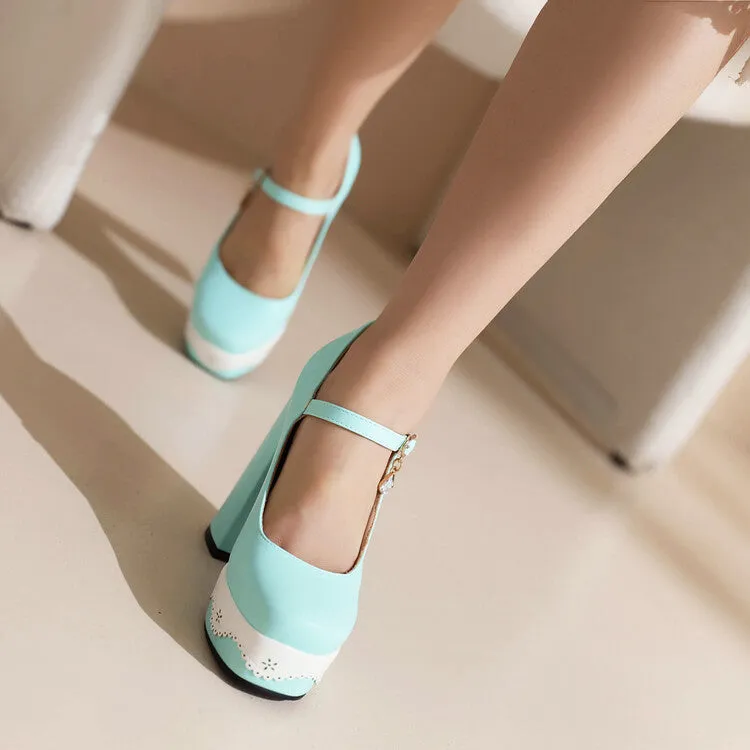 Women's Candy Color Mary Janes Block Heel Platform Pumps