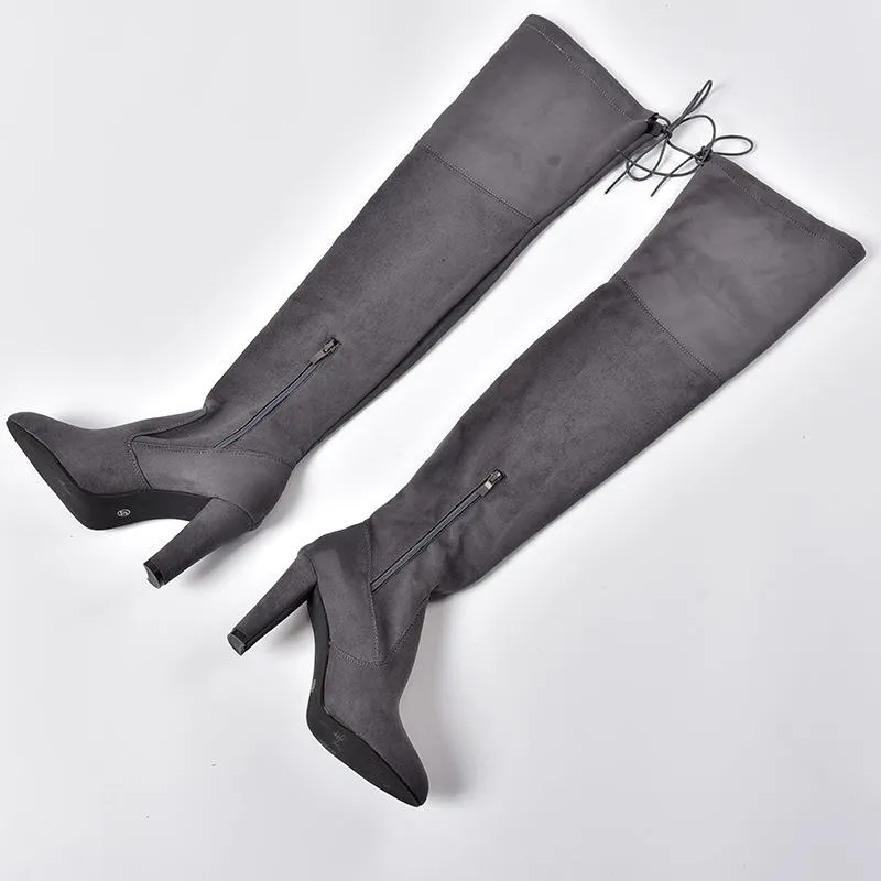 Women's elastic over the knee boots suede high heeled pointed toe tall boots