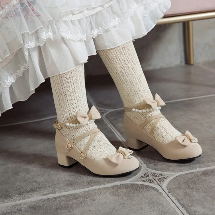 Women's Flock Lolita Bowties Knot Mary Janes Ankle Strap Block Heel Pumps