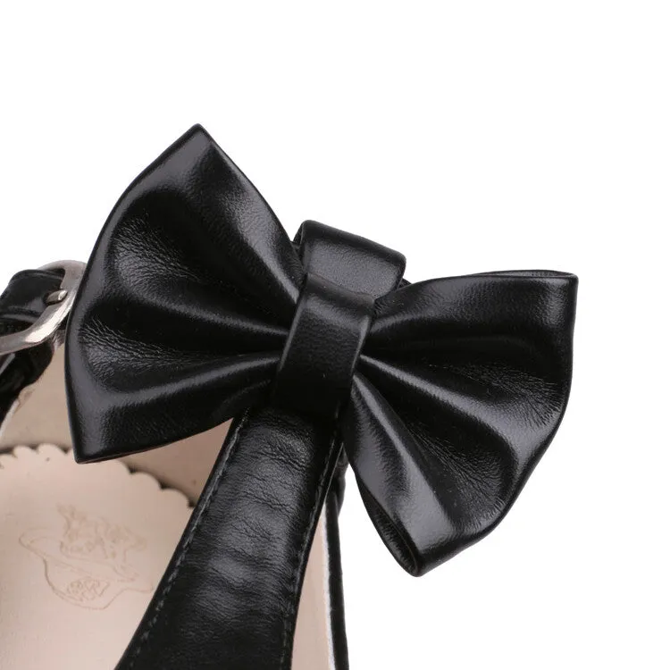 Women's Round Toe Carved T Strap Bow Tie Spool Heel Mary Jane Pumps