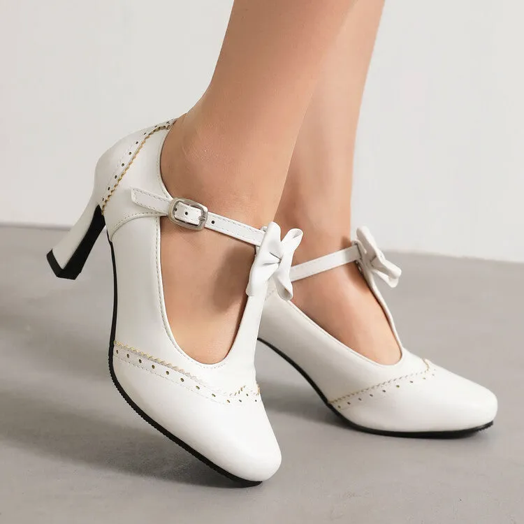Women's Round Toe Carved T Strap Bow Tie Spool Heel Mary Jane Pumps