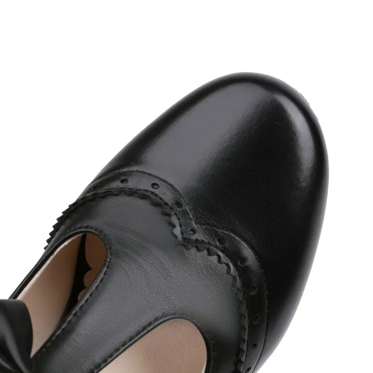 Women's Round Toe Carved T Strap Bow Tie Spool Heel Mary Jane Pumps