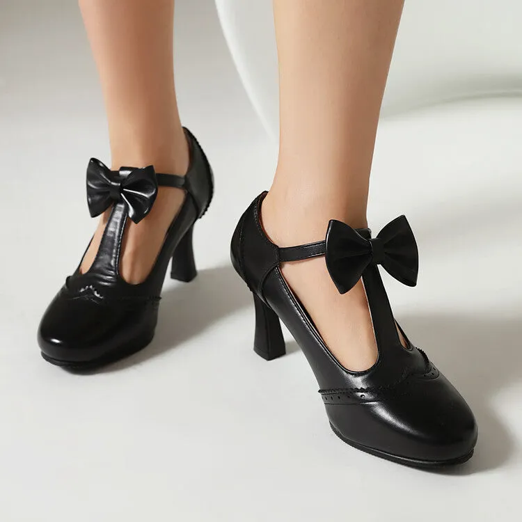 Women's Round Toe Carved T Strap Bow Tie Spool Heel Mary Jane Pumps
