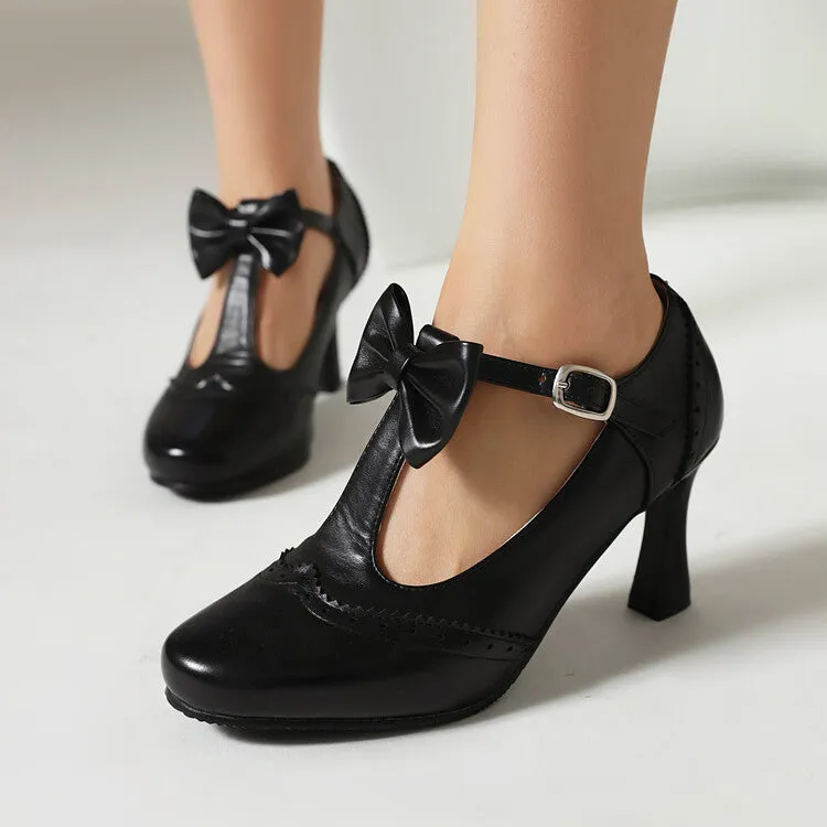 Women's Round Toe Carved T Strap Bow Tie Spool Heel Mary Jane Pumps