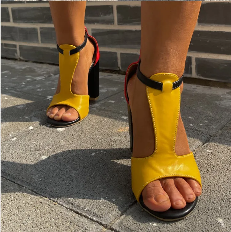 women's shoes thick high heel colour matching T-buckle open toe sandals