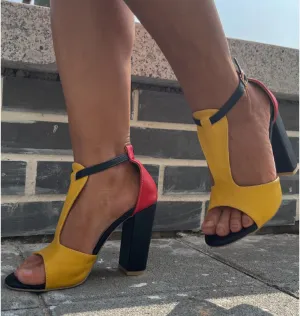 women's shoes thick high heel colour matching T-buckle open toe sandals