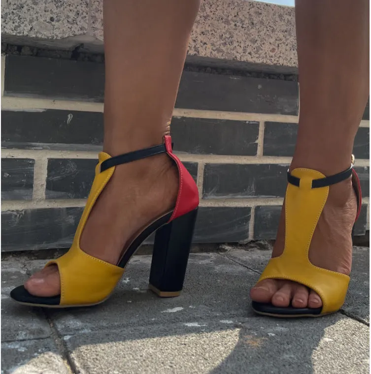 women's shoes thick high heel colour matching T-buckle open toe sandals