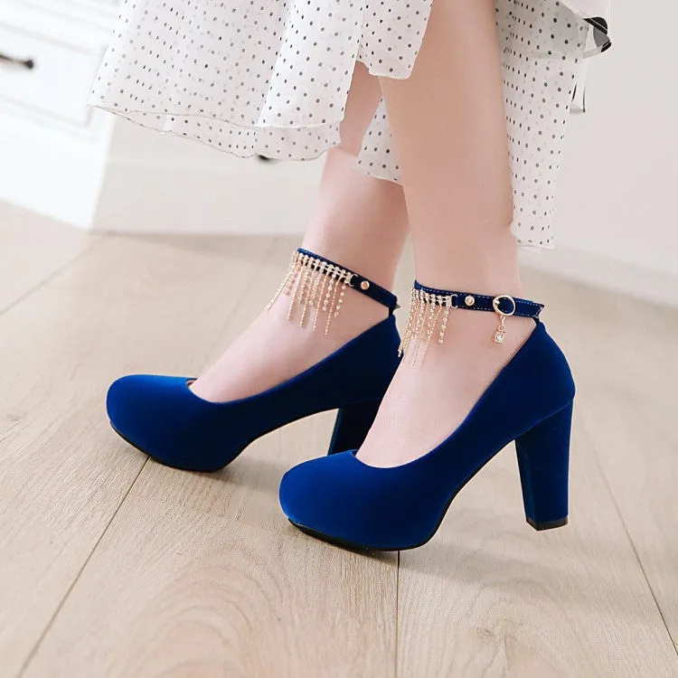 Women's Suede Almond Toe Rhinestone Tassel Chunky High Heel Platform Pumps Wedding Shoes
