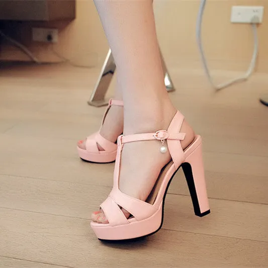 Women's T Strap Pearls High Heel Platform Sandals