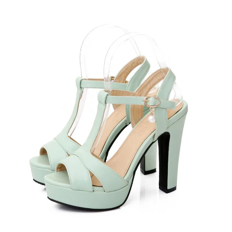 Women's T Strap Pearls High Heel Platform Sandals